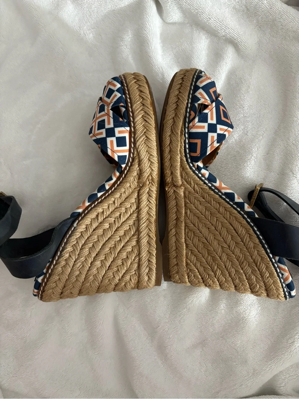 Tory Burch Navy and Tan Geometric Espadrille Wedge Sandals